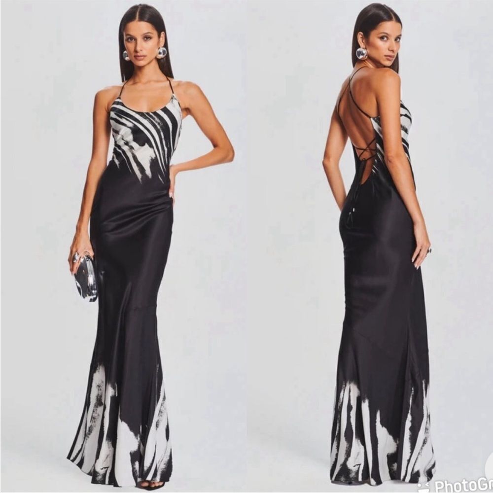 Retrofete Cami silk slip maxi gown black/white zebra Ombre NWT